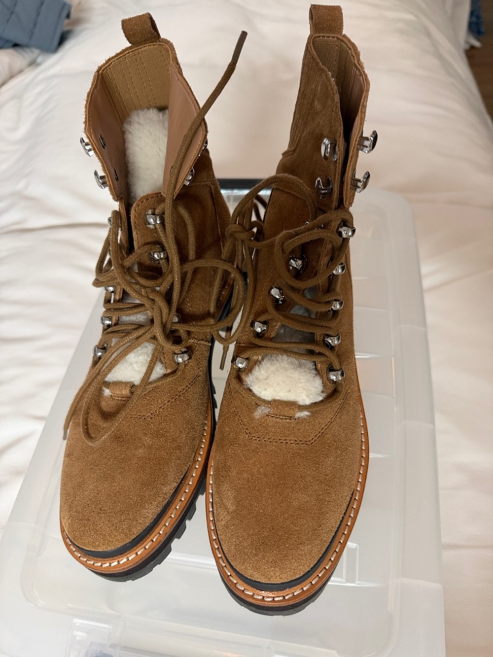 Marc Fisher Brown Suede Lace-Up Shearling Combat Boots
